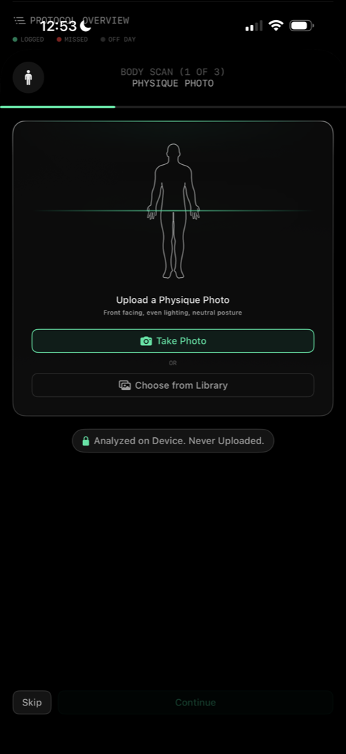 Body scan physique photo upload, analyzed on device