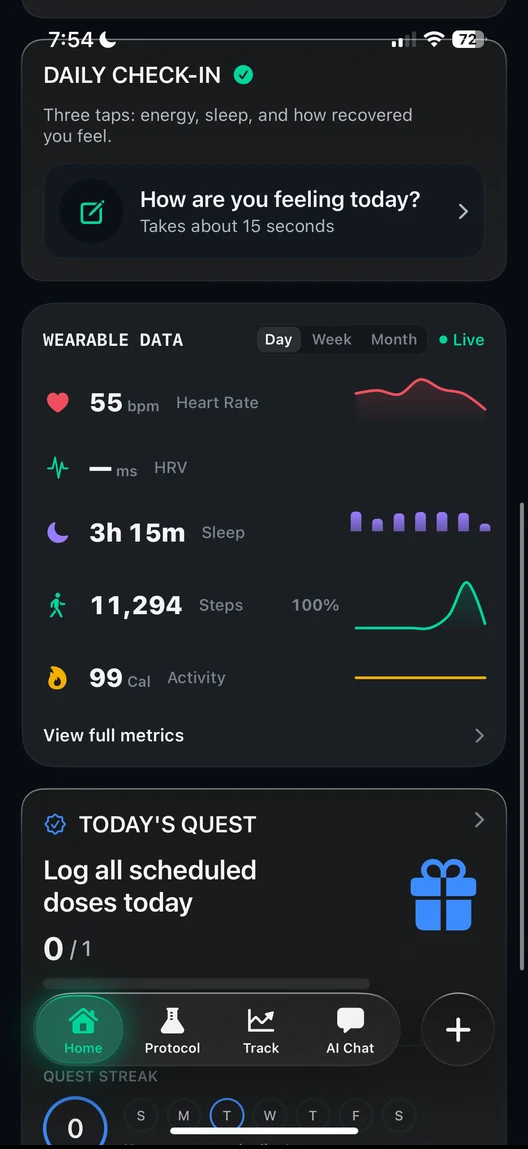 PeptideAI insights screen, reading bloodwork against the protocol