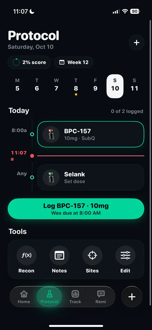 The PeptideAI protocol screen with a weekly GLP-1 dose on it.