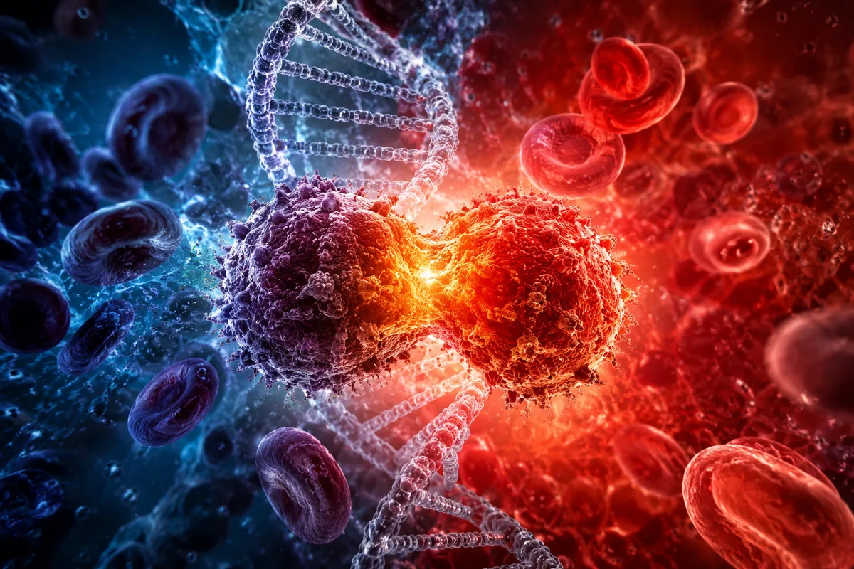 3D illustration of a DNA double helix and two dividing cells surrounded by red blood cells, representing how peptides signal between cells in the body.